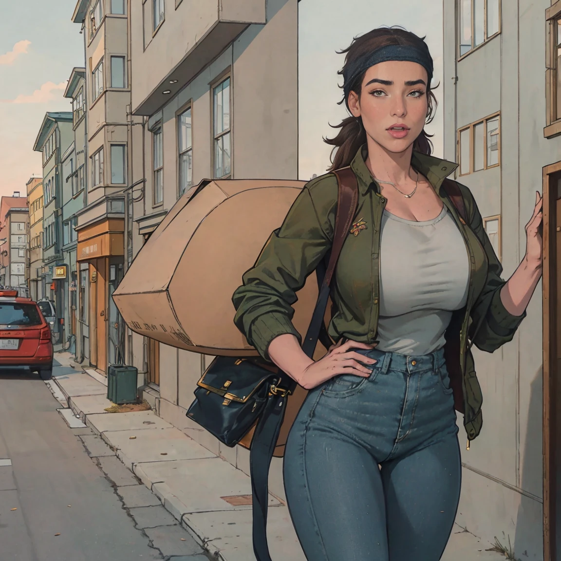 Extremely busty thin and toned brunette photographer, college girl, fair skin, loose ponytail, soft face, athletic, bandana babushka headwrap, tight olive green casual windbreaker, skinny jeans. standing in front of her apartment building, outdoors, city, camera bag, cleavage