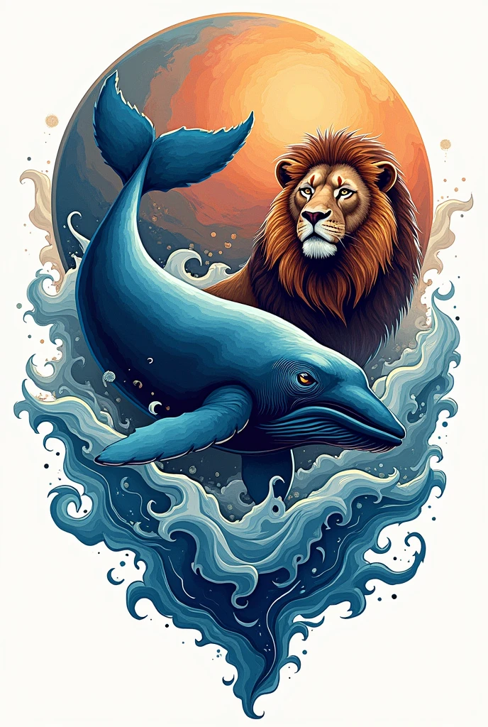 Logo, A planet. A whale and a lion 
