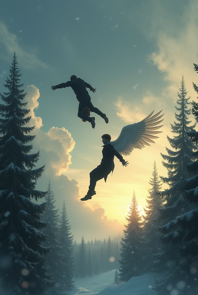 Book cover with a man falling from the sky, Below it there is a pine forest. A man with wings tries to reach him and above him there are many clouds with a light sunset, It's snowing a little and you can see the snowflakes in the distance, They are both dressed in black and the one who is falling is lying on his back, unconscious.