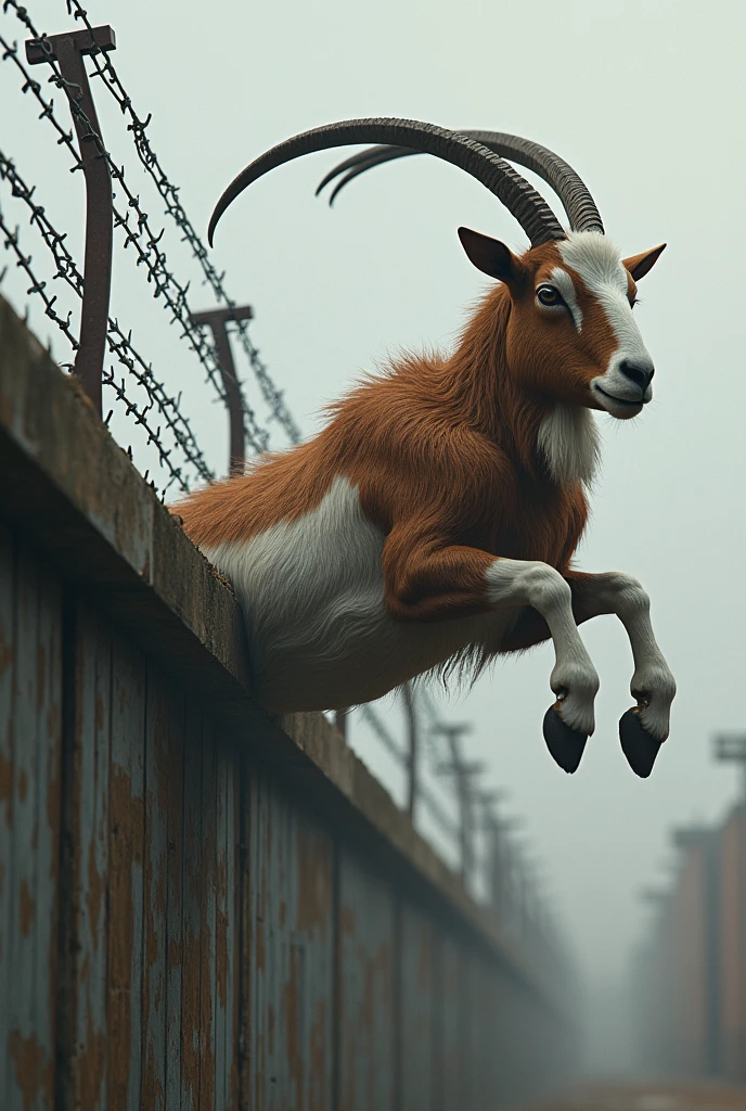 Brown and white goat, jumping over the Berlin wall.