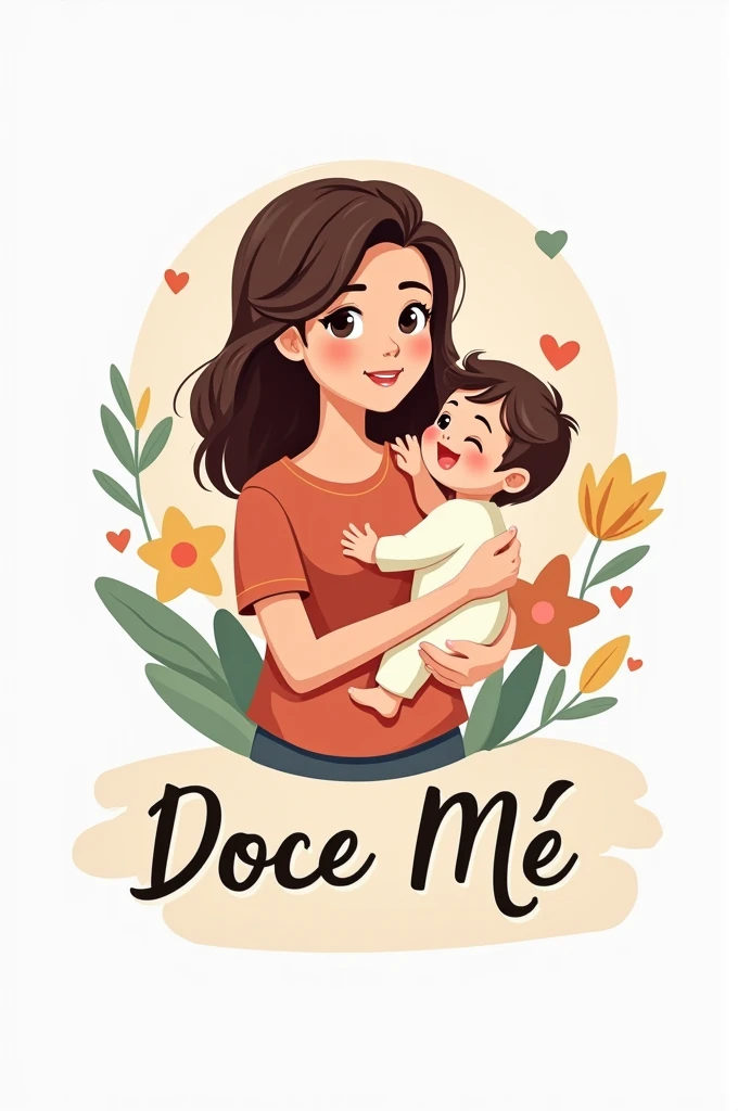 Logo with cookies and a young mother with a baby in her arms written in Portuguese Doce Mãe.