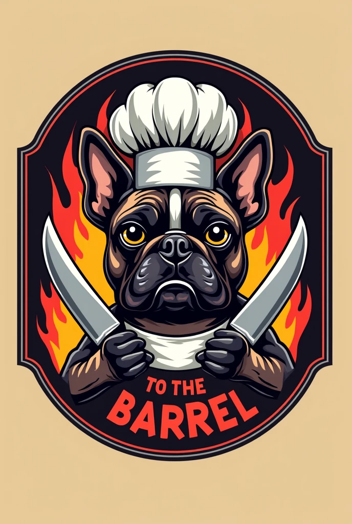 Make a logo for a steakhouse with a French bulldog face wearing a chef's hat and butcher knives and around it that says "TO THE BARREL" pero in Spanish, and in the background there is fire and the name of "TO THE BARREL" in Spanish