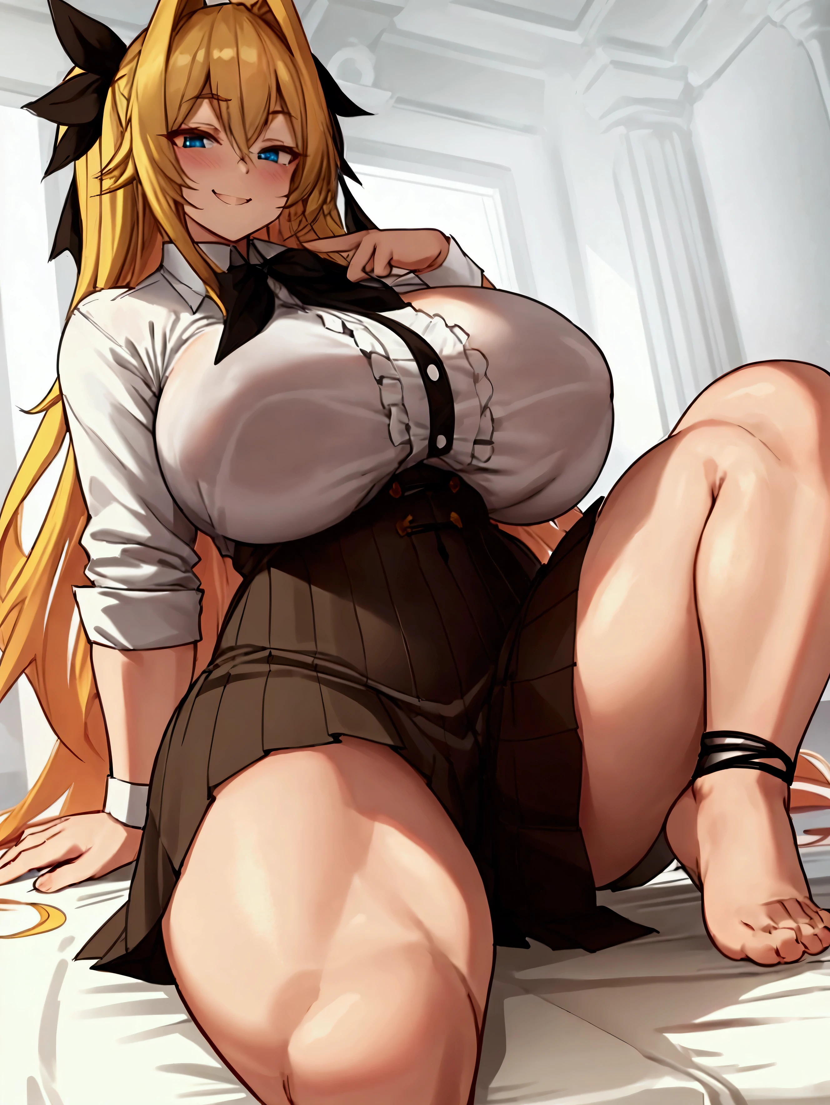 {whole body},{wariza},sitting down,focus on feet,from low,looking to the down, dynamic cutting,dynamic angle,focus on feet,mischievous grin,very muscly,very muscly,very big tits,very curvy,very big woman,two sides up,hair blonde,bare feet,beautiful ruffled shirt and ribbon split corset skirt,1womanl,best qualityer,work of art,white background,