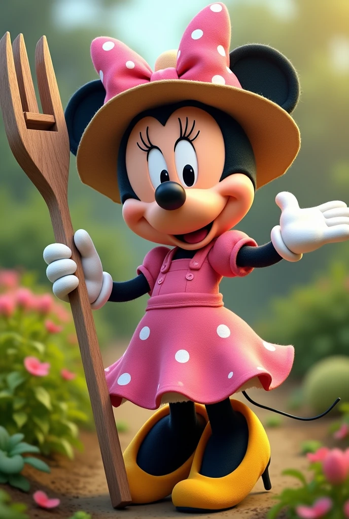 Minnie Mouse Frame in Pink Dress, farmer hat and with a rake in his hand