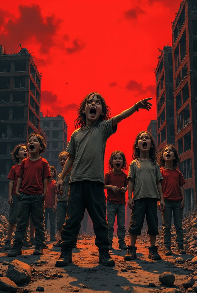 Record album cover: Many ragged children screaming angrily at the sky in a devastated city. Children must have dirty clothes. The group is called Souls. That the cover contains ammunition weapons anywhere. The sky must be red. The ruined houses. Red and black environment 