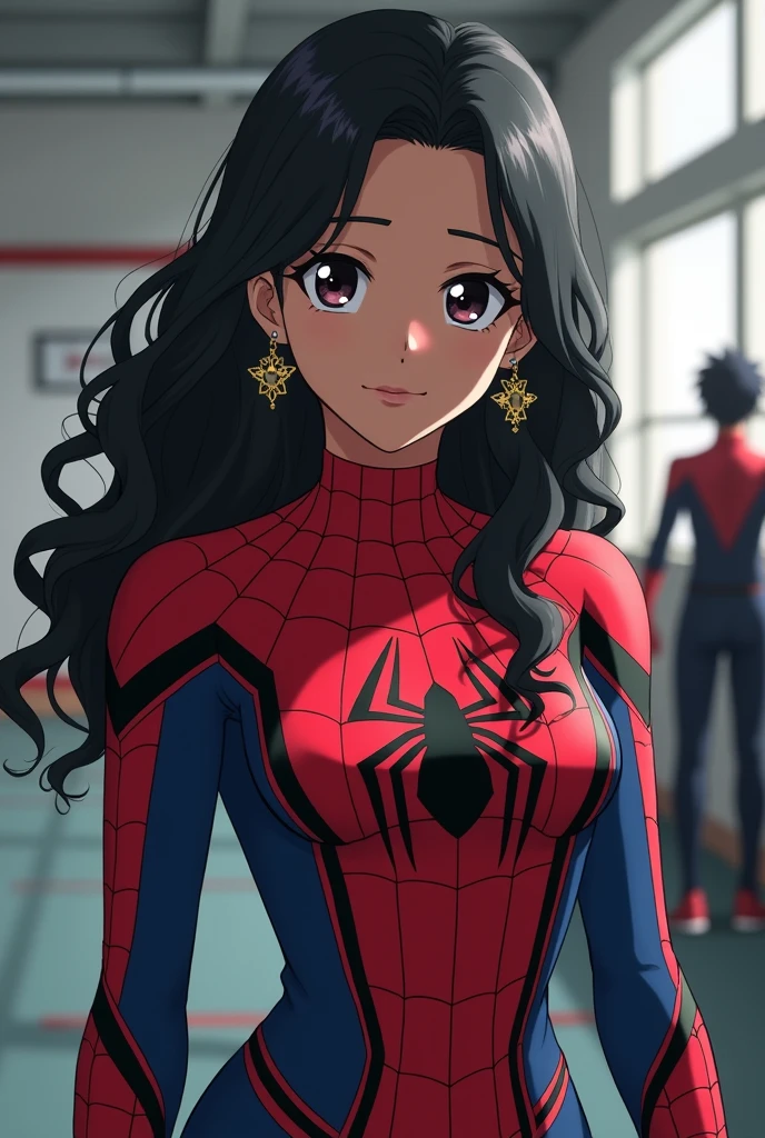 Screenshot Boku no hero academia. young woman. anime. whole body. brown skin, black wavy hair. black eyes. With earrings all over the ear.beautiful and attractive. Wear a Spider-Man suit. Training room background with Deku and Bakugou