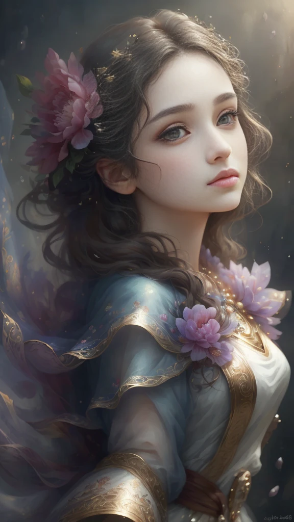 (Best quality, 4K, 8K, A high resolution, Masterpiece:1.2), Ultra-detailed, Realistic portrait, Beautifully detailed eyes, beautiful detailed lips, Detailed expression, Graceful posture, subtly lit, Dreamy atmosphere, Dark-toned background, expressive brush strokes, mystical ambiance, Artistic interpretation, Stunning Studio Ghibli style costumes, a whimsical illustration, Subtle colors and tones, mystical aura,