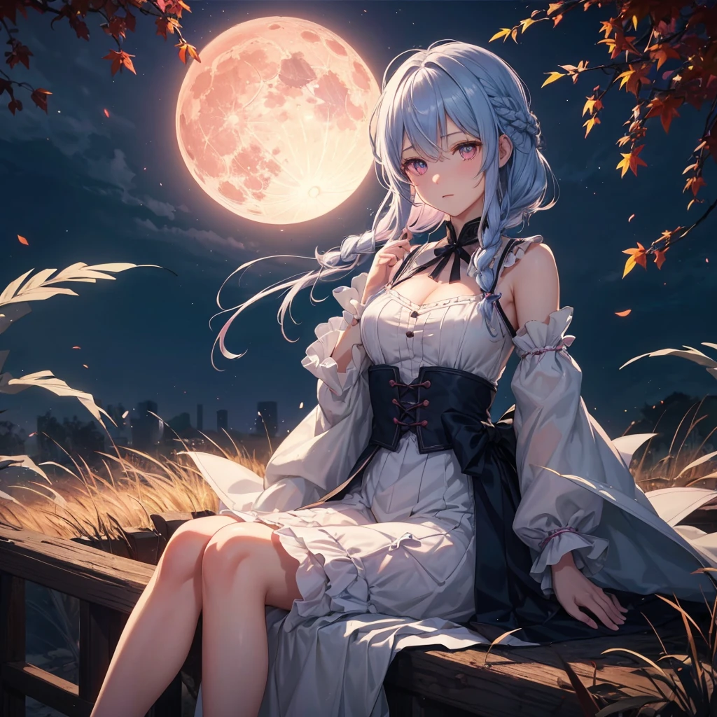 (Braiding),(Sky blue medium hair), (Pink eyes),(Fair skin) ,(whole body),(One Girl),(harvest moon),(A large amount of Miscanthus sinensis in the background),autumn,(full moon),(masterpiece, Highest quality, Very detailed, Best Shadow), (Detailed Background), (Beautifully detailed face), High Contrast, (Best lighting, Very delicate and beautiful), ((Cinematic Light)), Hyper Detail,8k, Dramatic Light, Intricate details,Maple