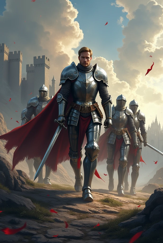 A png commander knight holding a sword standing beside four other knights