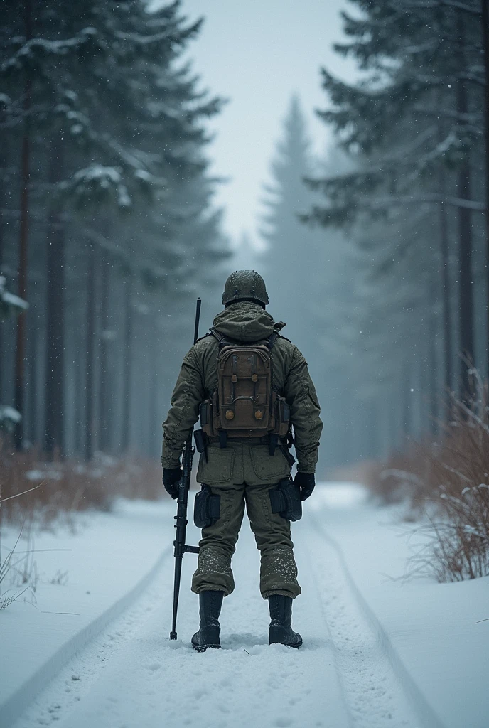 soldier in the forest does not snow alone
