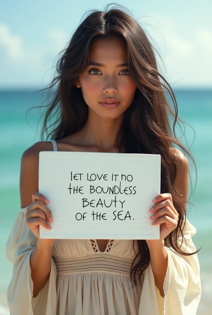 Beautiful girl with wavy long hair, bohemian dress, holding a white board with text "I Love Seaart Infinity" and showing it to the viewer