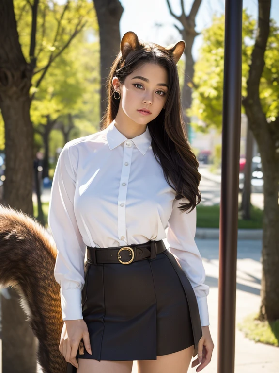 ((Highest quality, 8k)), ((masterpiece)), (Highest Resolution), Perfect Face, Squirrel eared woman, Female college student, Beautiful woman, public, One tail, she has thick thighs, Big squirrel tail, She has a brown squirrel tail., She wags her tail, Troubled face, Fur collar, she is wearing a short skirt, Beautiful Hips , Big Breasts, The skirt is rolled up with a big tail