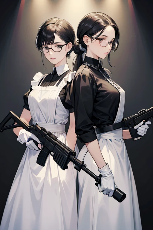 Two mature women in maid outfits with glasses and black hair tied up, wearing white long gloves and holding submachine guns, with sad expressions on their faces