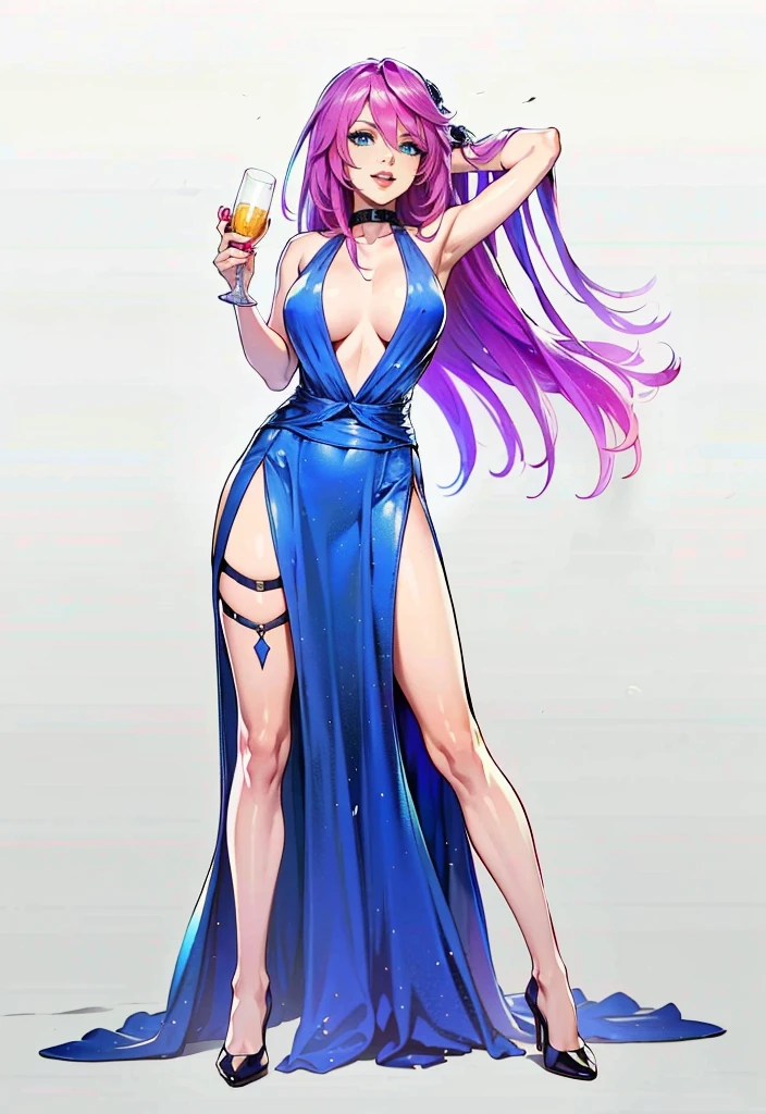 (masterpiece: 1.4), (best quality: 1.4), (nonsense: 1.4), pin-up, , Poison_long_hair_aiwaifu, Poison_long_hair_aiwaifu, spiky hair, hat, big hair, very_long_hair, pink hair, pink_hair, big_hair, ((blue dress, long dress, black high heel, ))