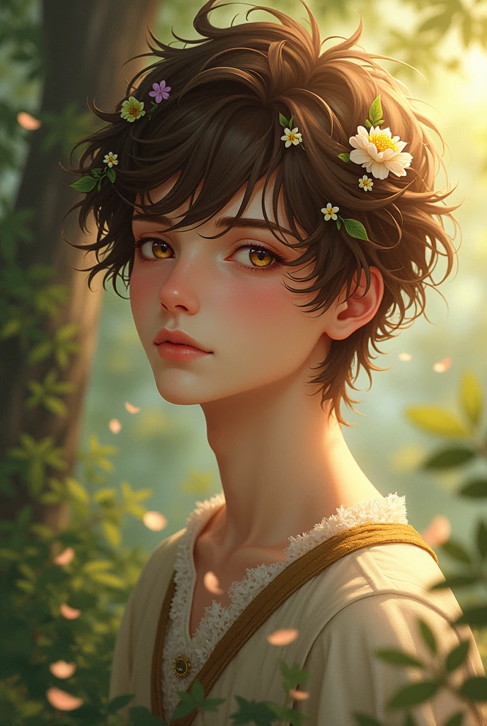 Slightly shorter and more slender than the other man, with soft features and warm brown eyes that seem to see into the soul. His hair is a rich, earthy brown, often adorned with small flowers or leaves. He has a calming, almost ethereal presence.