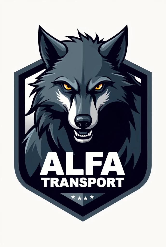 Create a name logo "Alfa Transport",with an imposing wolf and a killer look,and the name fused to the wolf as on a shield