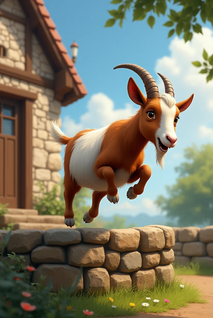 Brown and white goat, jumping over the house wall.