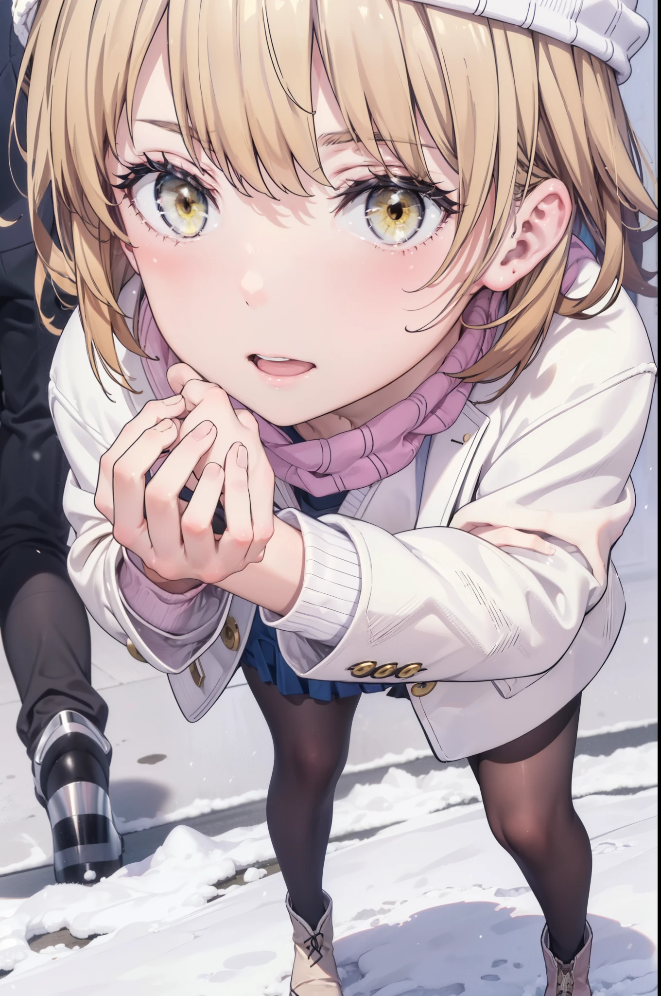 Irohaisshiki, isshiki iroha, Long Hair, Brown Hair, (Brown eyes:1.5), smile,Open your mouth,White Breath,low twin tail,Knitted hat,White scarf,Yellow long coat　Open front,Pink v-neck sweater,Short denim,Black pantyhose,short boots,Walking,snowが降っている,snowが積もっている,moon,night,snow,snow,snow,snow,whole bodyがイラストに入るように,　　　　　　　　　break outdoors, Building district,
break looking at viewer,whole body,
break (masterpiece:1.2), Highest quality, High resolution, unity 8k wallpaper, (figure:0.8), (Beautiful attention to detail:1.6), Highly detailed face, Perfect lighting, Highly detailed CG, (Perfect hands, Perfect Anatomy),