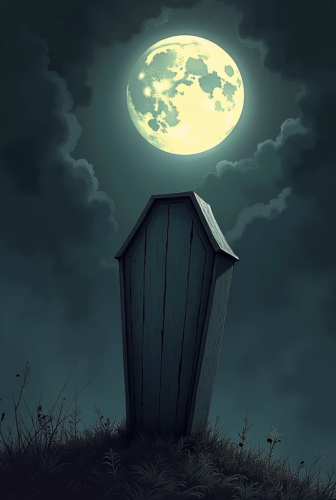 A Tim Burton style drawing of a coffin on a plain Tim Burton style background, darkness, negro