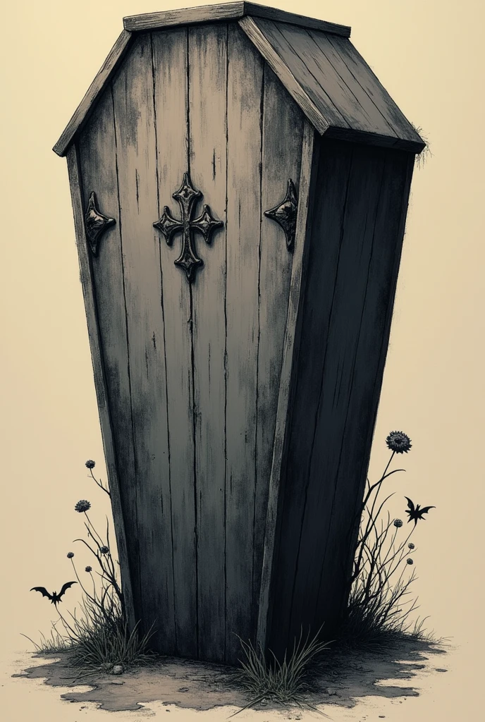 A Tim Burton style drawing of a coffin on a plain Tim Burton style background, darkness, negro