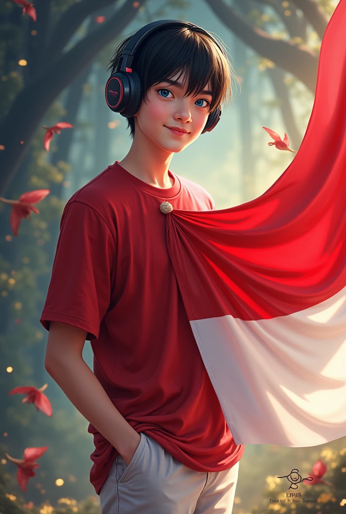 best quality, tmasterpiece, Ultra-high resolution, Clear face, (Reality: 1.4), perfect lighting,(photorealistic: 1.50), anime wallpaper, Guviz style artwork , fantasy cover up to magic , by Yang J, Guviz, beautiful artwork illustration, beautiful digital artwork, beautiful digital illustration, Li Song, beautiful anime portrait, art style at Beauvot,illustration, ethereal and beautiful, highly detailed, CG, unity, 8k wallpaper, Amazing, fine detail, masterpiece, best quality, official art, highly detailed CG unity 8k wallpaper,absurd, extremely absurd, large file size, highly detailed , high resolution, very detailed,beautiful girl with details, very detailed eyes and face, beautiful detailed eyes,light on the face,cinematic lighting, 1boy, (black hair:1.3), short hair, Bangs, Headphone, blue eyes, (Red T-shirt), (White pants), standing, full body, (looking at viwer:1.3), smile, Holding the Indonesian flag, Red and white flag,