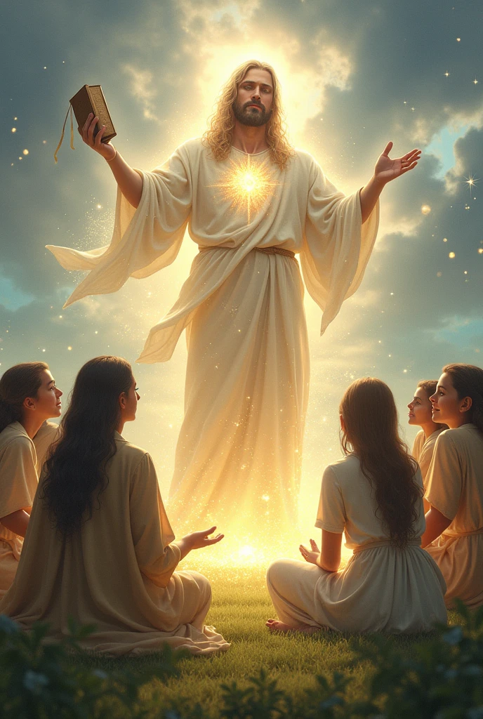 Create an image of God on earth with a book and young people praying

