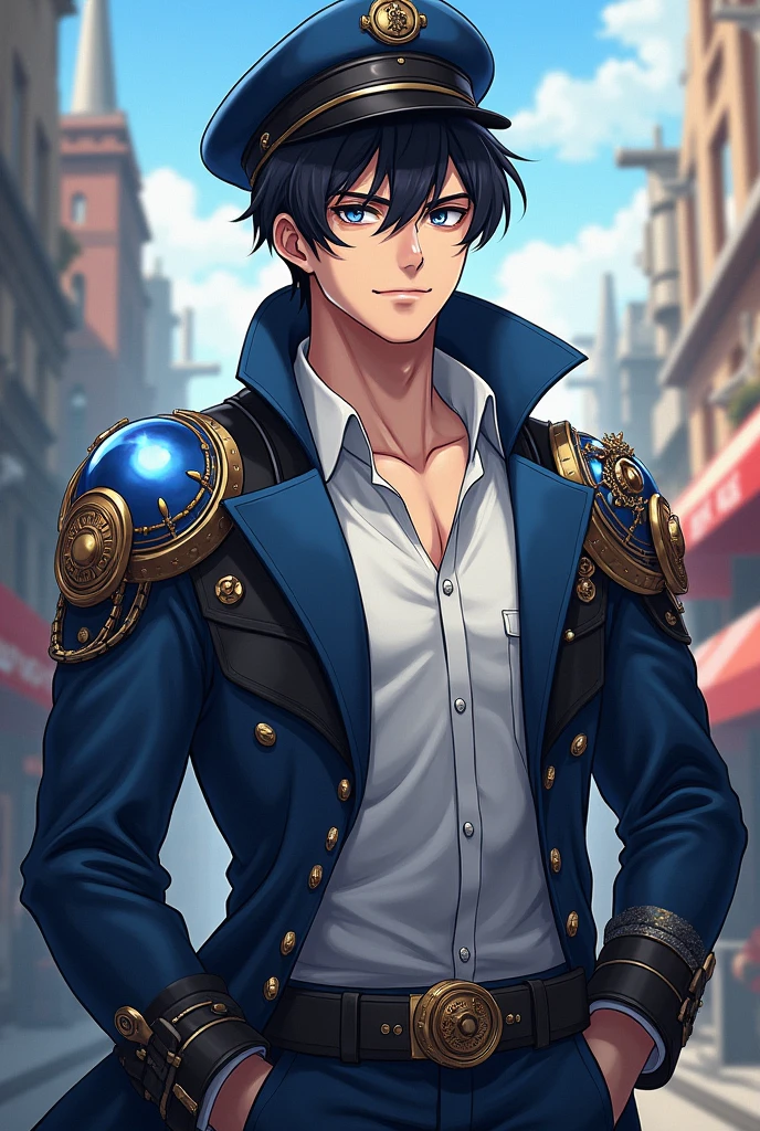 A young man with black hair and beard, white shirt , dark blue overcoat, blue and black beret, blue chest and shoulder pads. In steampunk anime style