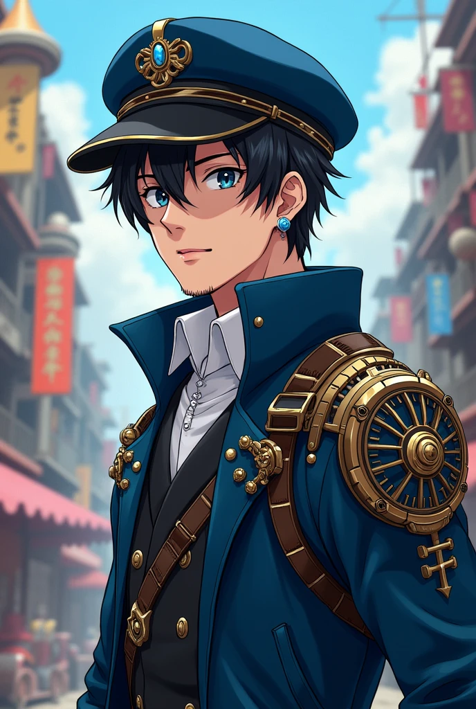 A young man with black hair and beard, white  shirt , dark blue overcoat, blue and black beret, blue chest and shoulder pads. In steampunk anime style 