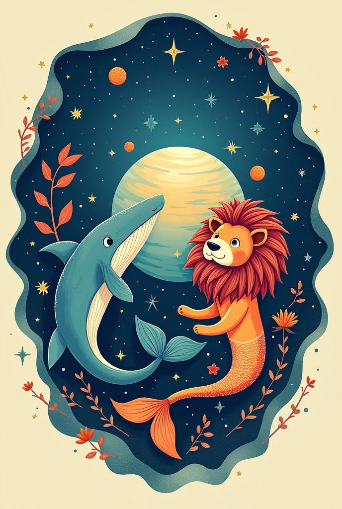 Logo, A planet. A whale and a lion and a mermaid 

