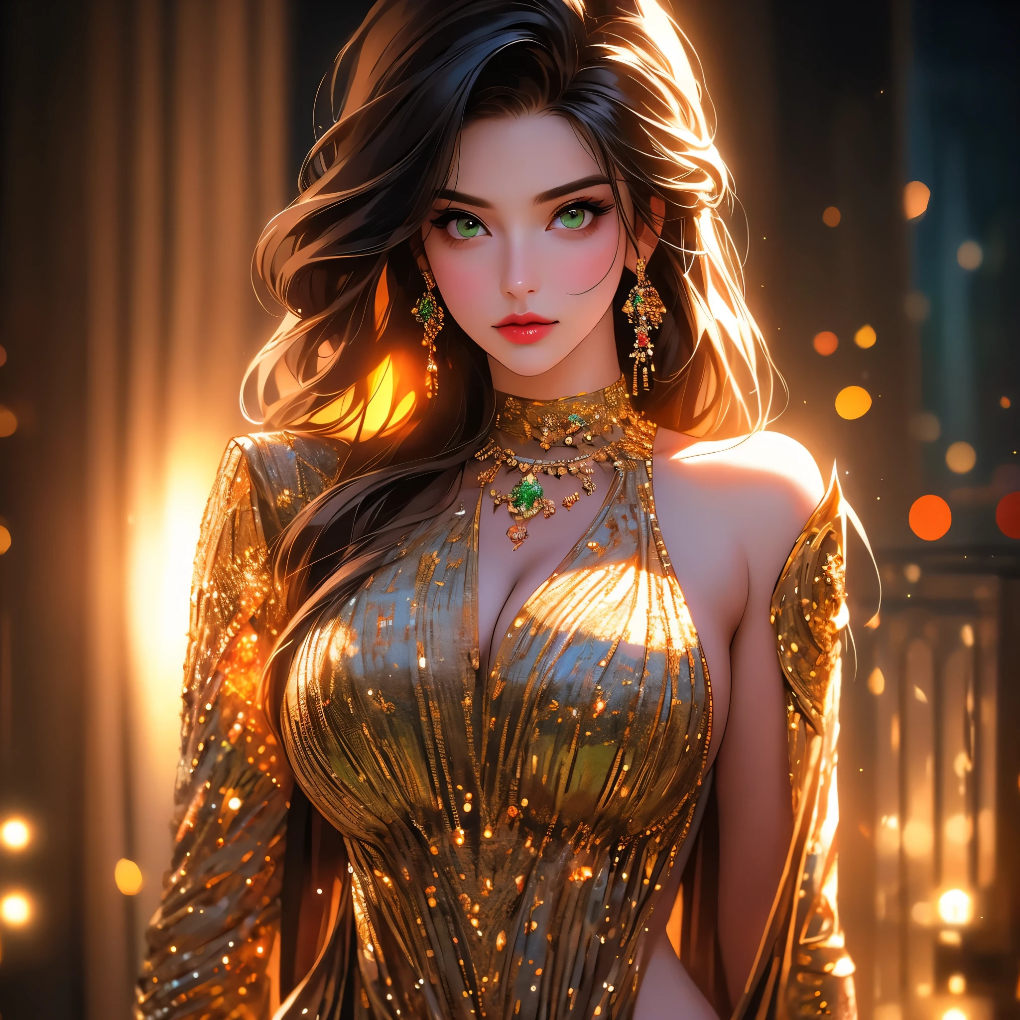a beautiful woman with detailed green eyes, large breasts, sensual expressions, realistic, photorealistic, photo-realistic:1.37, (best quality,4k,8k,highres,masterpiece:1.2),ultra-detailed, HDR,UHD,studio lighting,ultra-fine painting,sharp focus,physically-based rendering,extreme detail description,professional,vivid colors,bokeh,warm colors,soft lighting