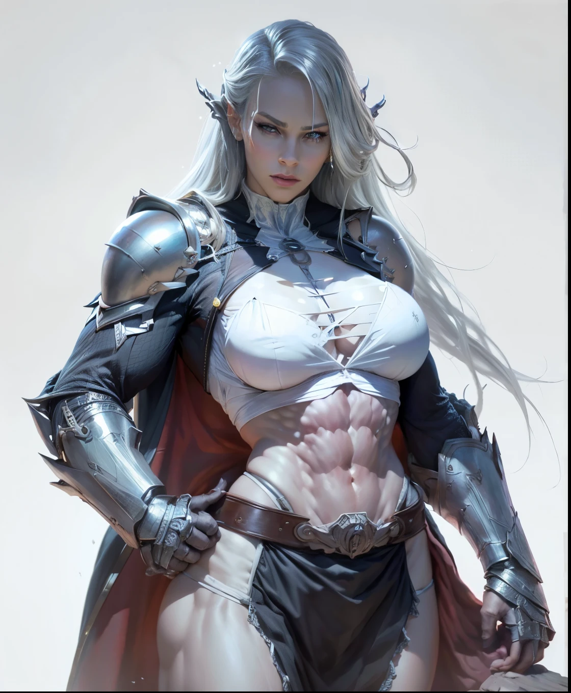 Eleven, silver-haired, muscled body, sensuous，breastsout, Transparent robe, perfect legs correct anatomy，epic fantasy digital art，Masterpiece artwork，8k，High definition resolution，detailed drawing，high qualiy，, epic composition,