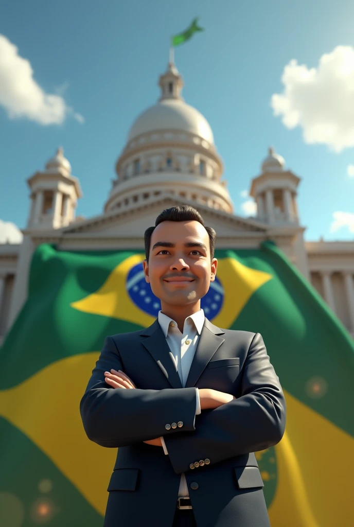 Brazilian politician with a Brazil flag with the Brazil's National Congress in background 3D Animation 