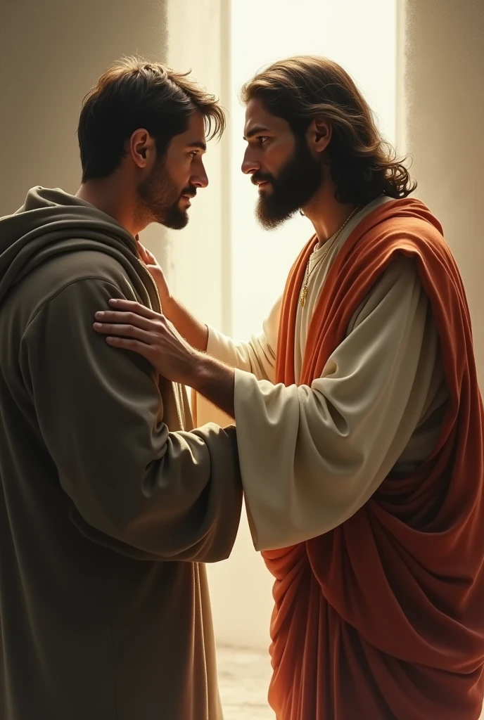 Jesus places a hand on the shoulder of a man who is advancing in profile on the left