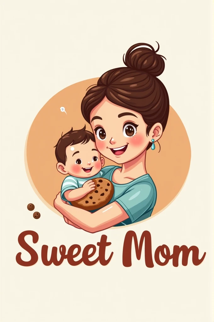 Logo with cookies and a young mother with a baby in her arms written Sweet Mom.