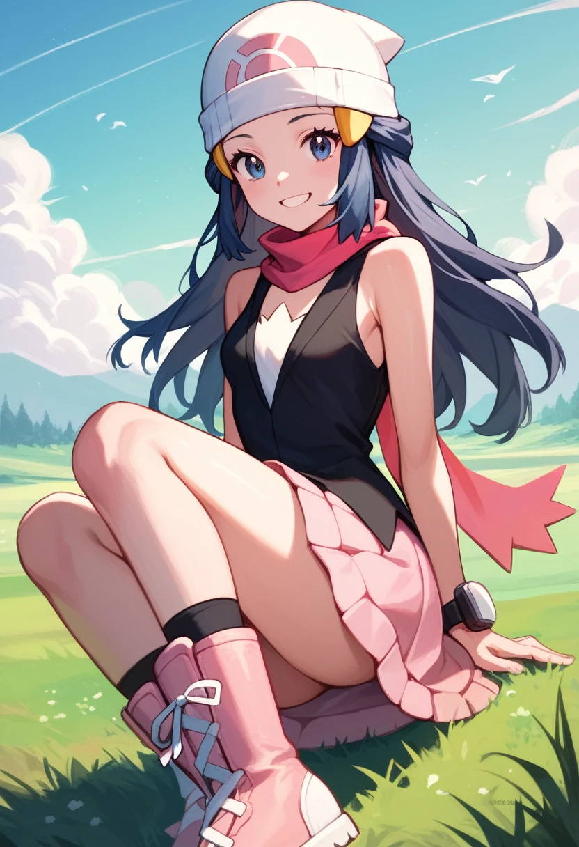 masterpiece, Best Quality, 1 girl, dawn \(Pokémon\), cap, by the wide, For the blue, blue eyes, Black sleeveless shirt, pink scarf, pink skirt, pink boots, smile, looking at the viewer, field background,sexy