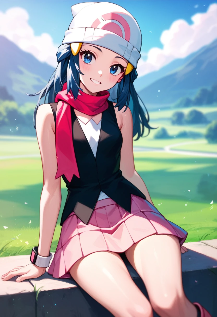 masterpiece, Best Quality, 1 girl, dawn \(Pokémon\), cap, by the wide, For the blue, blue eyes, Black sleeveless shirt, pink scarf, pink skirt, pink boots, smile, looking at the viewer, field background,sexy