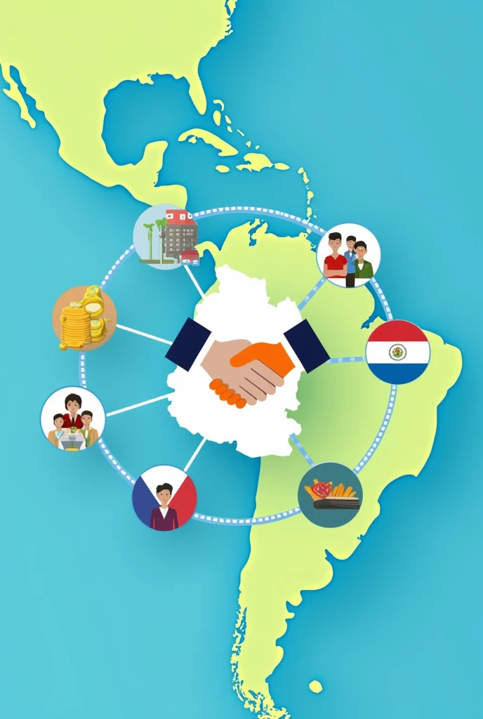 Map of Guatemala in the center, connected by lines to other countries, thus showing international relations.
Interlocking hands or handshake over the connections between countries to symbolize friendship and cooperation.
Symbols of economic development (For example, coins or an ascending chart), social development (families or communities), and cultural development (books or art) around the countries, illustrating common goals.
Flags or cultural icons representing Guatemala and other countries to emphasize the idea of cooperation and solidarity.
Blue and green tones in the background to convey a sense of progress and harmony.
