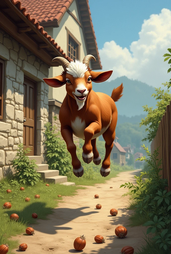 Brown and white goat, nuts, jumping over the house wall.