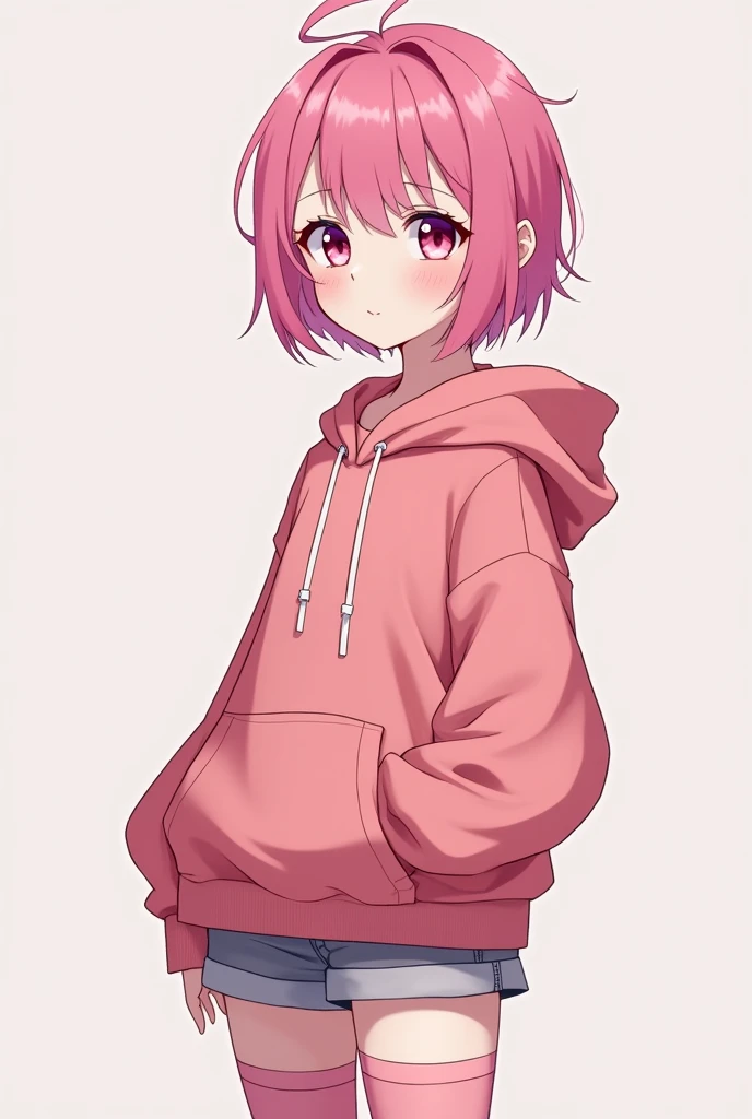 A femboy wearing pink thigh highs, a pastel red oversized hoodie and gray booty shorts with a really small amount of makeup, his hair even tho short he had styled it in a way which made it look girly with pink hair and eyes