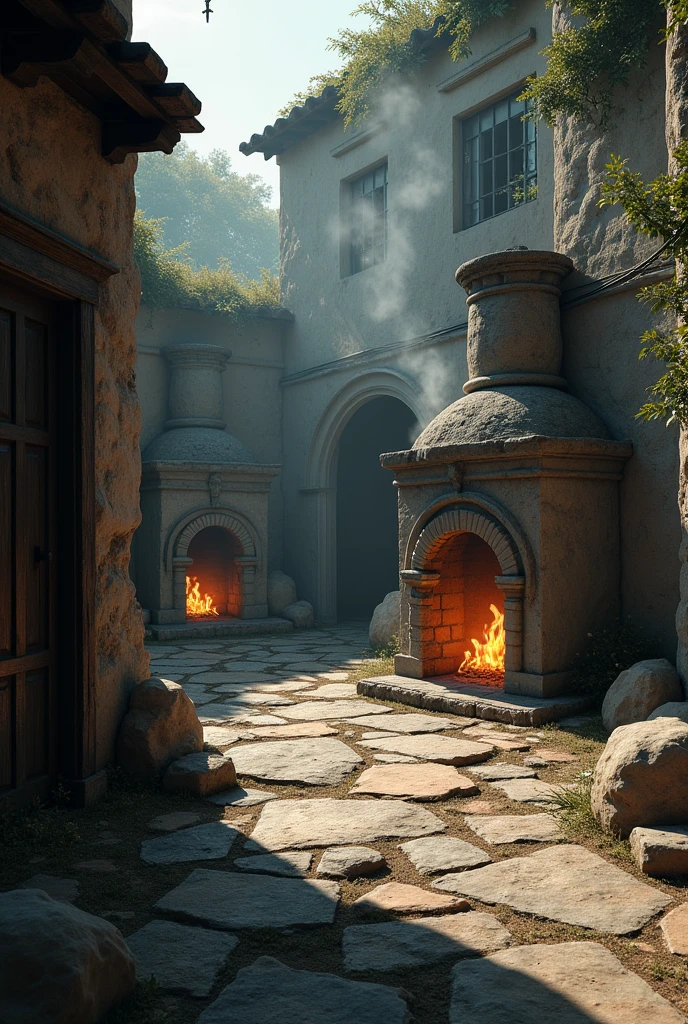 A patio with old fireplaces, improvised, showing smoke and embers, and a silent and tense atmosphere. The shadows cast by the structures could reinforce the feeling of confinement and monotony..