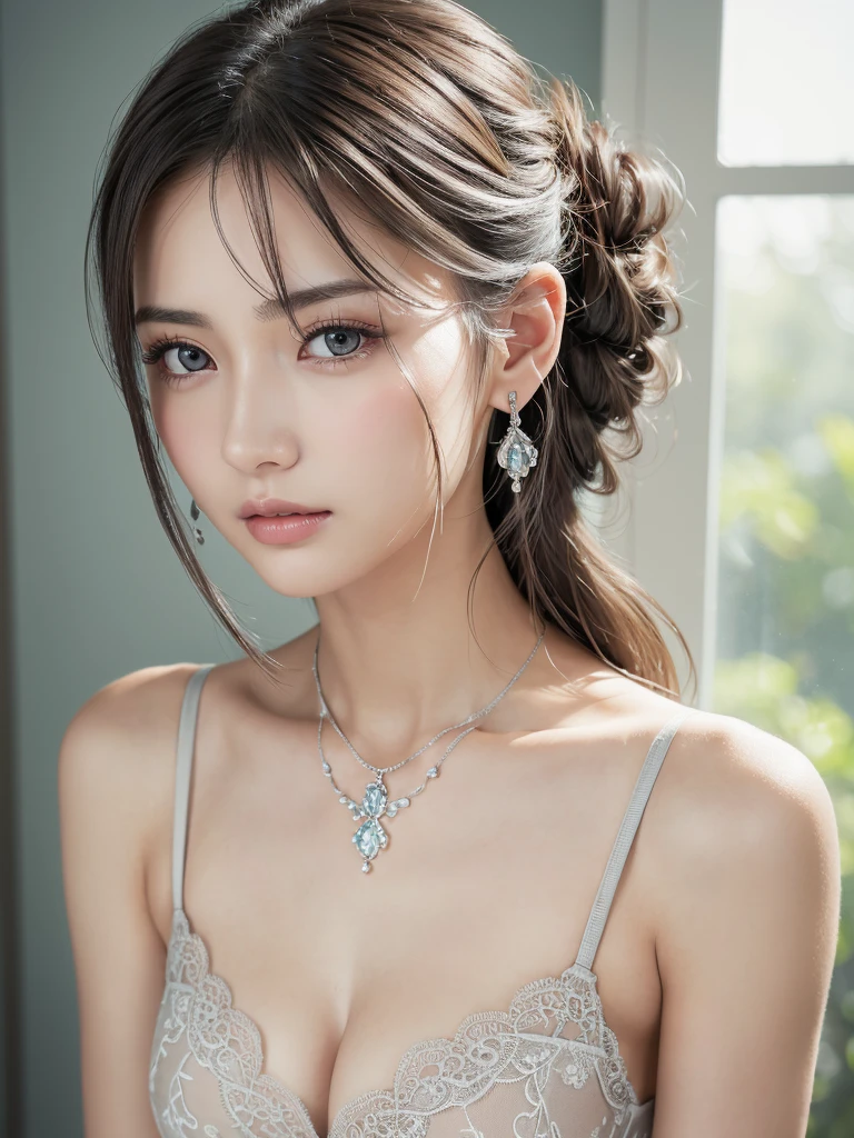 Grey lace thong bra,(See-through)、Small breasts, (((とてもエレガントでbeautiful, Perfect detail, Very detailed))), whole body, The most detailed girl, Written boundary depth, 美しくdetailedなwhole body, Thin legs, 1 girl, 30 years old, Very short hair, Spiked Hair, Gray and silver hair, beautiful detailed hair, Perfect Face, Expressionless, beautiful, detailed, Deep Eyes, Open your mouth a little, Delicate arms and hands, Pale skin, Earrings, beautiful and gorgeous necklace, Colorful background, HD background, Blurred Background, とても繊細でbeautiful, masterpiece, (((Highest quality, とてもbeautiful8K CG壁紙))), (((Trendy hairstyles))), (Inside the room,Stylish interior,window),