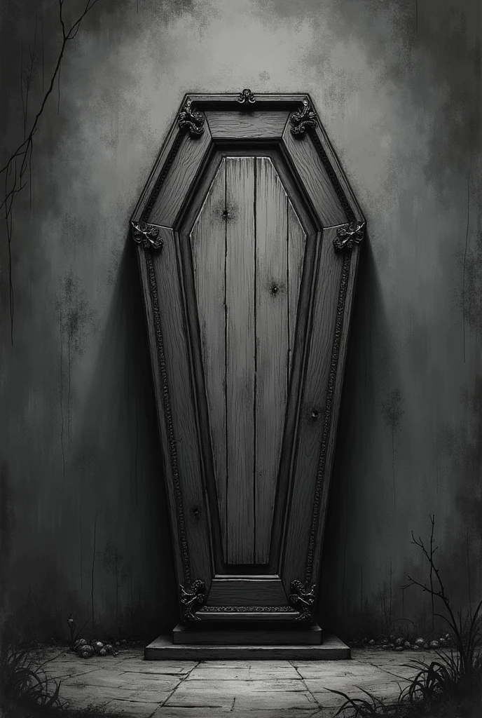 A Tim Burton style drawing of a coffin on a plain Tim Burton style background, darkness, negro