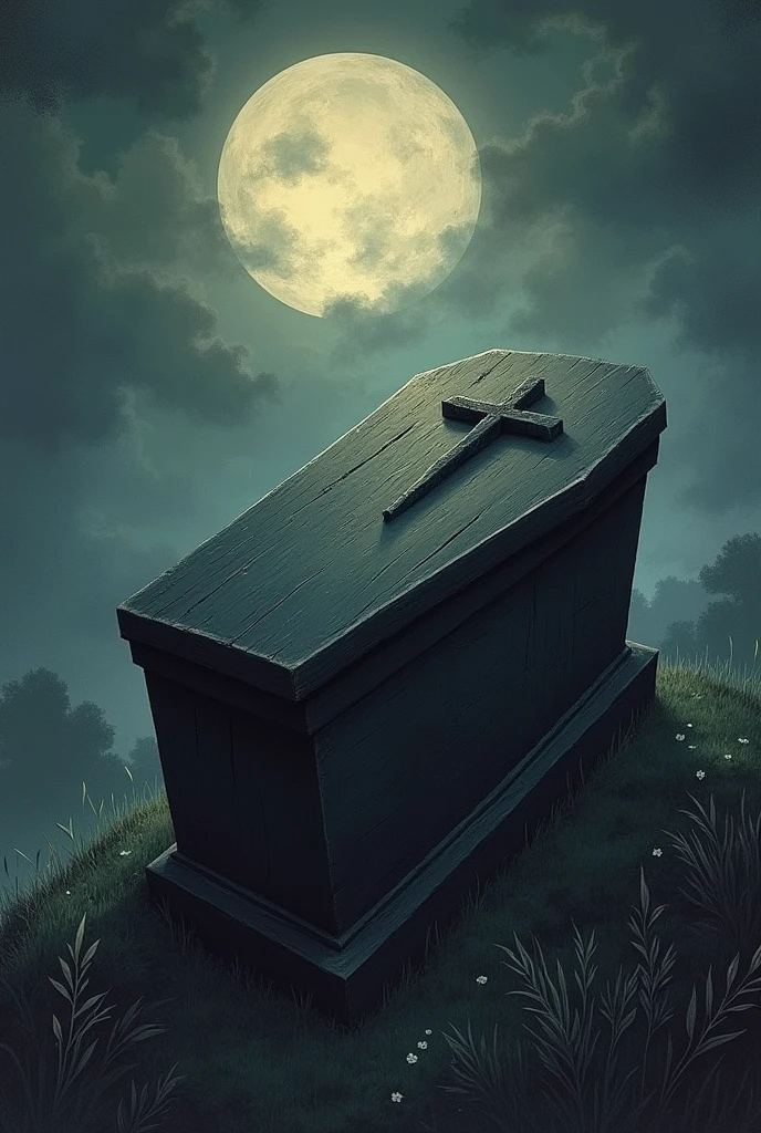 A Tim Burton style drawing of a coffin on a plain Tim Burton style background, darkness, negro