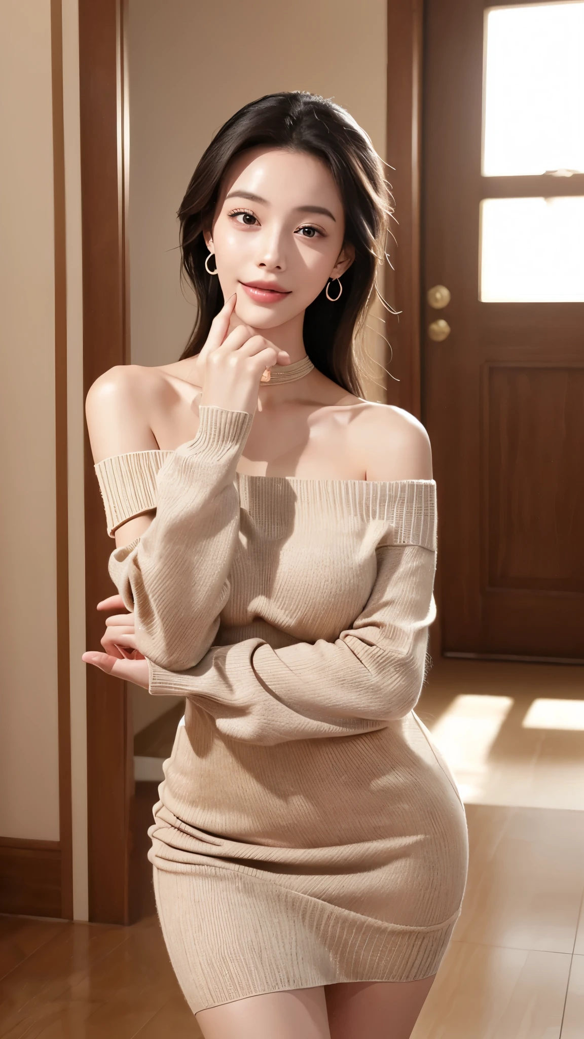 (masterpiece, Highest quality, Highest quality, Official Art, beautifully、aesthetic:1.2, Cinema Lighting、Key light at 45 degrees from the front, Subsidy light、Soft Backlight), 


beautiful顔、Perfect round ass、the body is slim、Fit and body、Pale skin、Shiny, Bright Eyes、length eyelashes、Shiny顔、Pervert woman、beautiful成熟した女性, 
(Oily skin、Glowing Skin、Realistic skin texture、細部までbeautiful肌、Shiny skin),


 ((Open your mouth))、masterpiece,Highest quality,High resolution,Very detailed,skinny,,((Captivating smile ))、skinny,Black choker,Earrings,Big cleavage、(Light colored off-shoulder tight sweater dress:1.5)、,Race,(( Perfect Fingers )) ,  indoor,(Open the front door 1.2),((Sexy Gestures:1.3))、Heavy breathing ,

Accurate 5-finger、Accurate human body、Perfect human body、The most beautiful face, True to the human body、Correct five-finger、Perfect human body、Knowledgeable person、Very detailedな顔と肌の質感、自然な首のlength、(beautiful Hands)、beautiful, length, Thin legs、straighten both legs、Stretch out your arms、