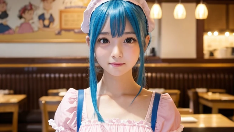 Blue Hair、White headdress、A girl in a pink maid outfit。Pasta restaurant background。I have pasta。looking at the camera。cute。