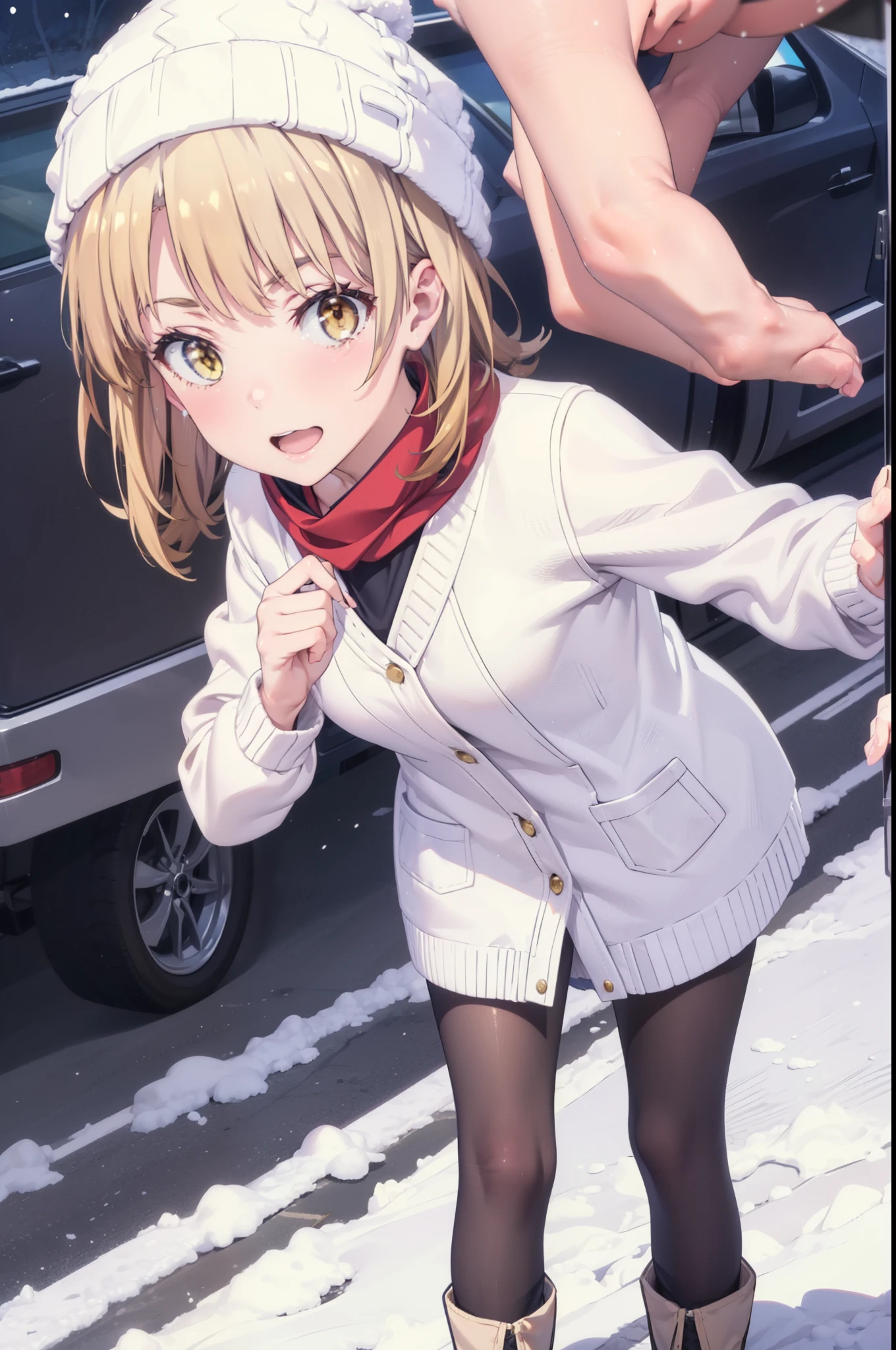 Irohaisshiki, isshiki iroha, Long Hair, Brown Hair, (Brown eyes:1.5), smile,Open your mouth,White Breath,low twin tail,Knitted hat,White scarf,Yellow long coat Open front,Pink v-neck sweater,Short denim,Black pantyhose,short boots,Walking,snowが降っている,snowが積もっている,moon,night,snow,snow,snow,snow,whole bodyがイラストに入るように, break outdoors, Building district,
break looking at viewer,whole body,
break (masterpiece:1.2), Highest quality, High resolution, unity 8k wallpaper, (figure:0.8), (Beautiful attention to detail:1.6), Highly detailed face, Perfect lighting, Highly detailed CG, (Perfect hands, Perfect Anatomy),