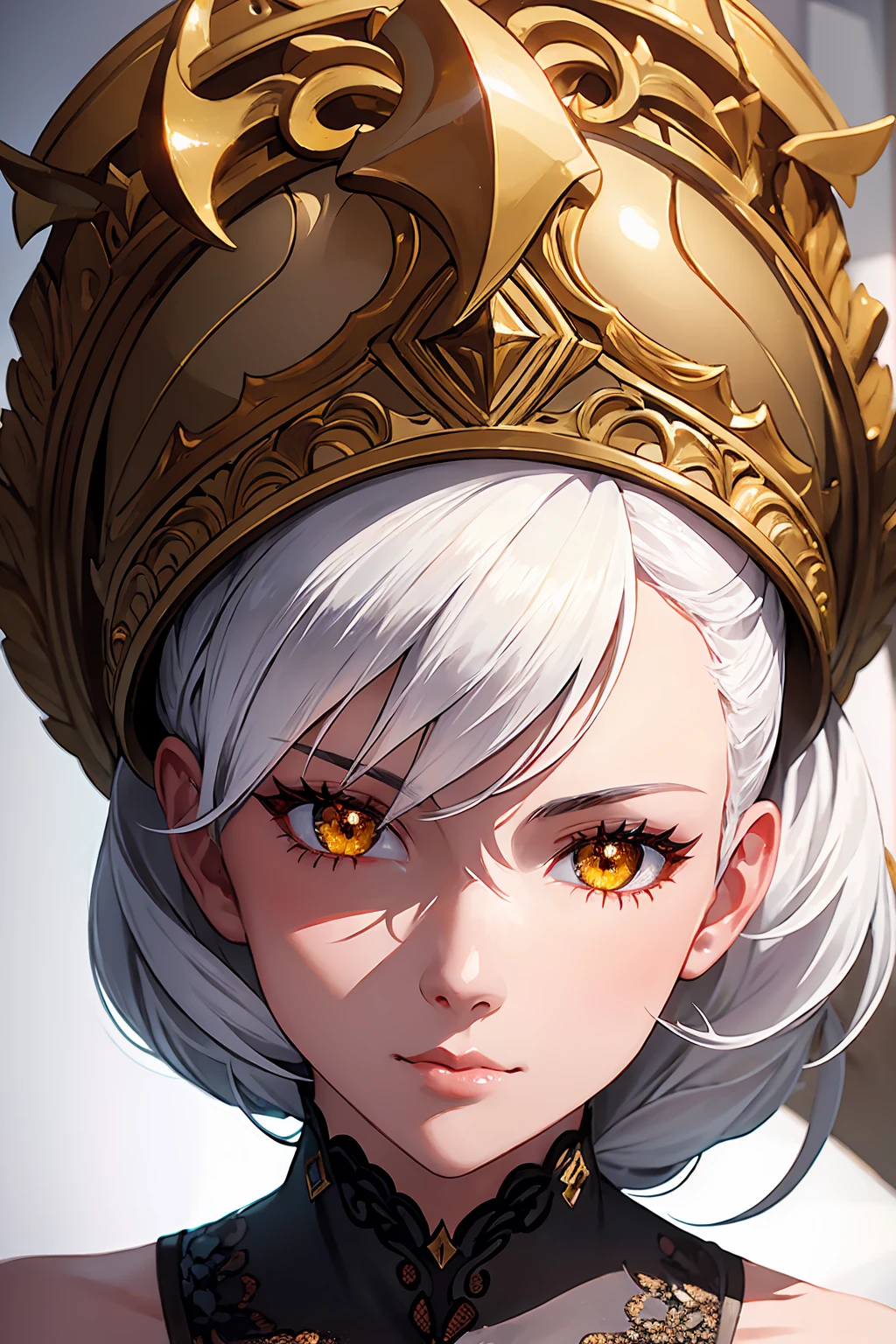 Woman1, face close-up, detailed eyes close-up, bright glowing golden eyes, beautiful detailed face, detailed white hair, bun hair, high detail, better resolution, detailed face and eyes