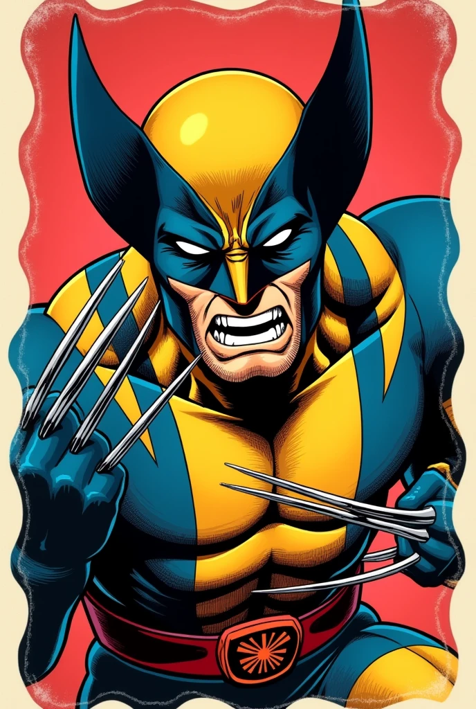 a comic book style figure of wolverine, where the figure has a border, but wolverine's claws are coming out of the frame, as if it were 3D