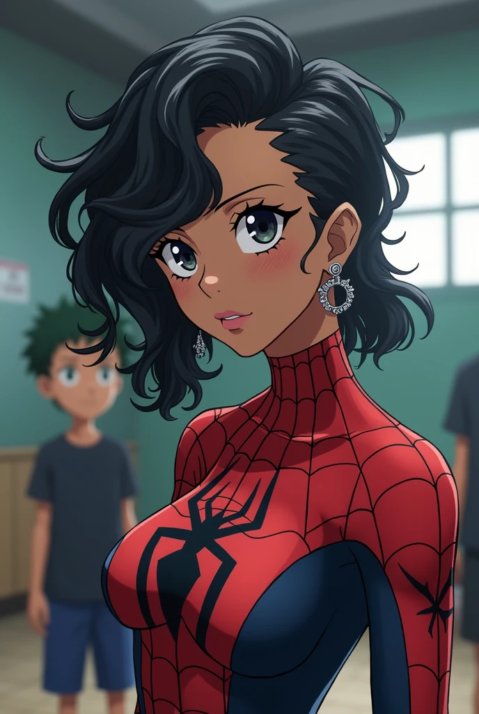 Screenshot Boku no hero academia. young woman. anime. whole body. brown skin, black wavy hair. black eyes. With earrings all over the ear.beautiful and attractive. Wear a Spider suit. Training room background with Deku and Bakugou