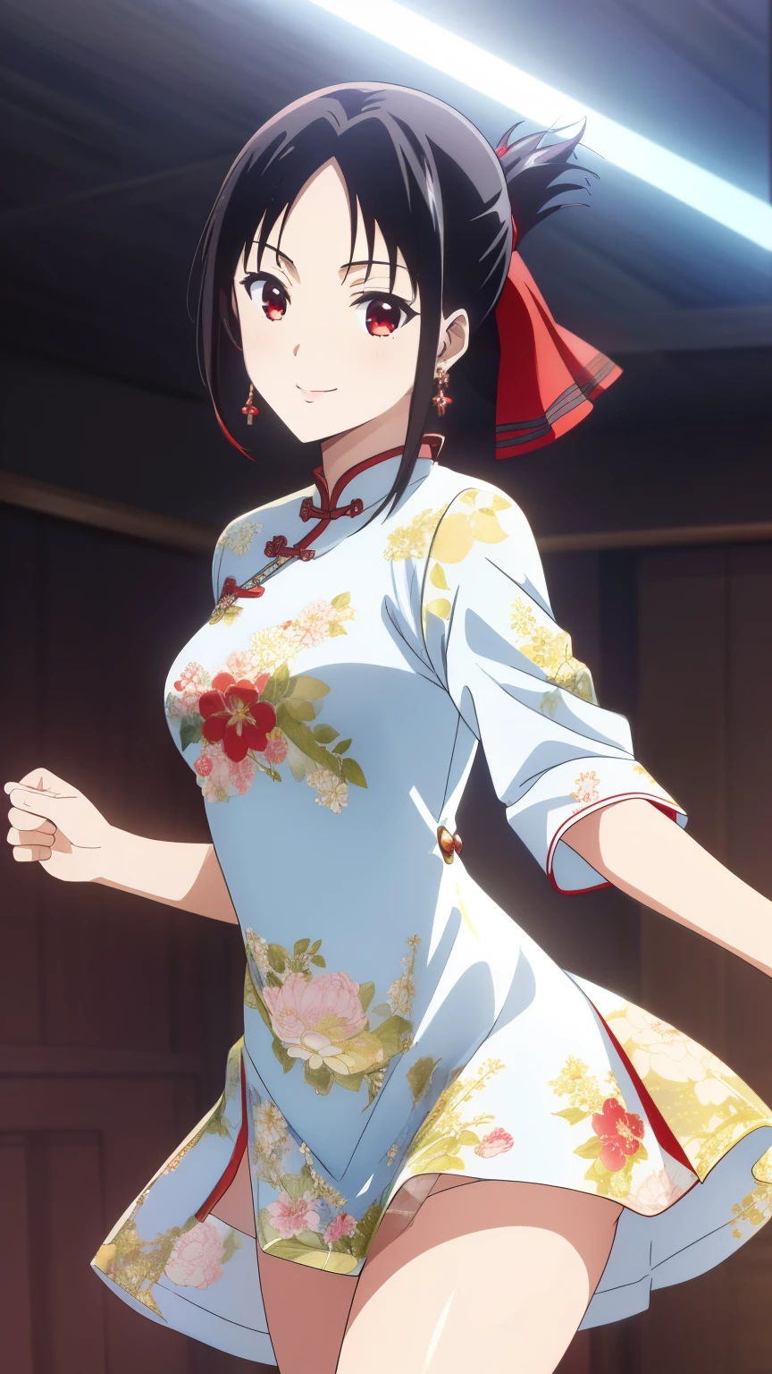 (best quality, masterpiece, 8k:1.2), (anime:1.2), detailed, Shinomiya Kaguya,1girl, solo, (black hair:1.2), side Lock, red eyes, short hair, folded ponytail, red hair ribbon, eye light, small medium breasts, (Floral chinese dress, earring, thighs, Chinatown, smile),
Definition CG Unity, Perfect lit, bright_front_face_lit,Super detailed, photograph, 8K, nffsw, High resolution, (absurd:1.2), kodak portrait 400, film grain, Lens flare, (lively_color:1.2), looking at the viewer, (cowboy shot:1.2), dynamic angle, 